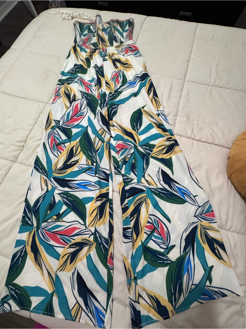 Jealous Tomato White Jumper with Green, Teal, Yellow & Pink Leaf Print